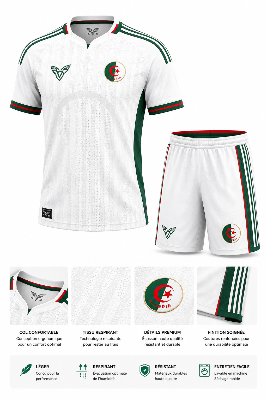 Maillot Algérie Blanc 2026 – Ensemble Officiel Style Coupe du Monde
