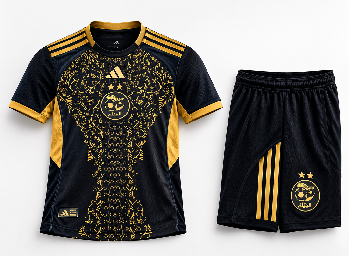 Ensemble Enfant Algérie 2024/2025 🇩🇿 – Maillot + Short Noir & Doré | Personnalisable Nom & Numéro
