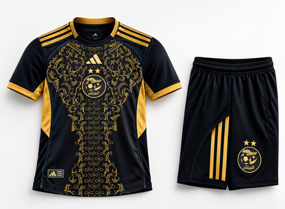 Ensemble Enfant Algérie 2024/2025 🇩🇿 – Maillot + Short Noir & Doré | Personnalisable Nom & Numéro