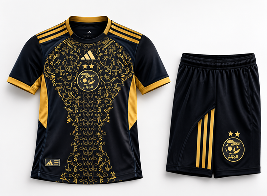 Ensemble Enfant Algérie 2024/2025 🇩🇿 – Maillot + Short Noir & Doré | Personnalisable Nom & Numéro