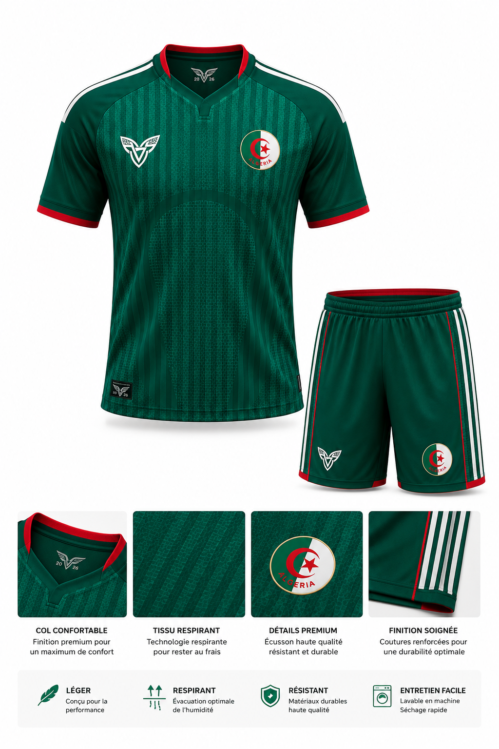 Maillot Algérie Vert 2026 – Ensemble Officiel Style Coupe du Monde